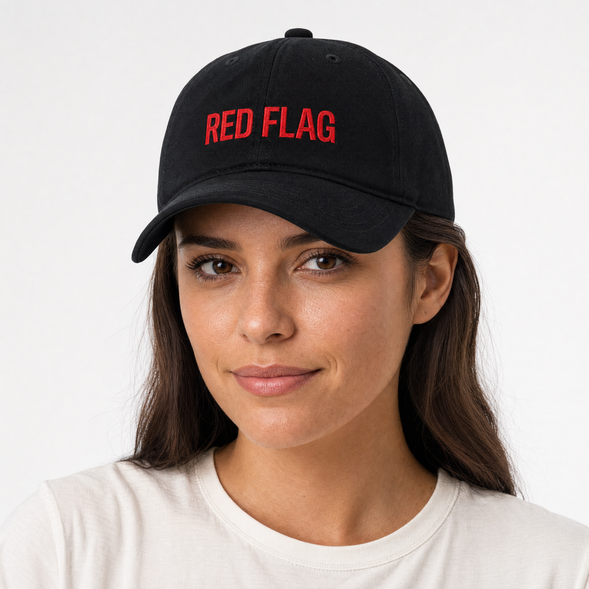 Red flag worn on a model — AI-generated visualization