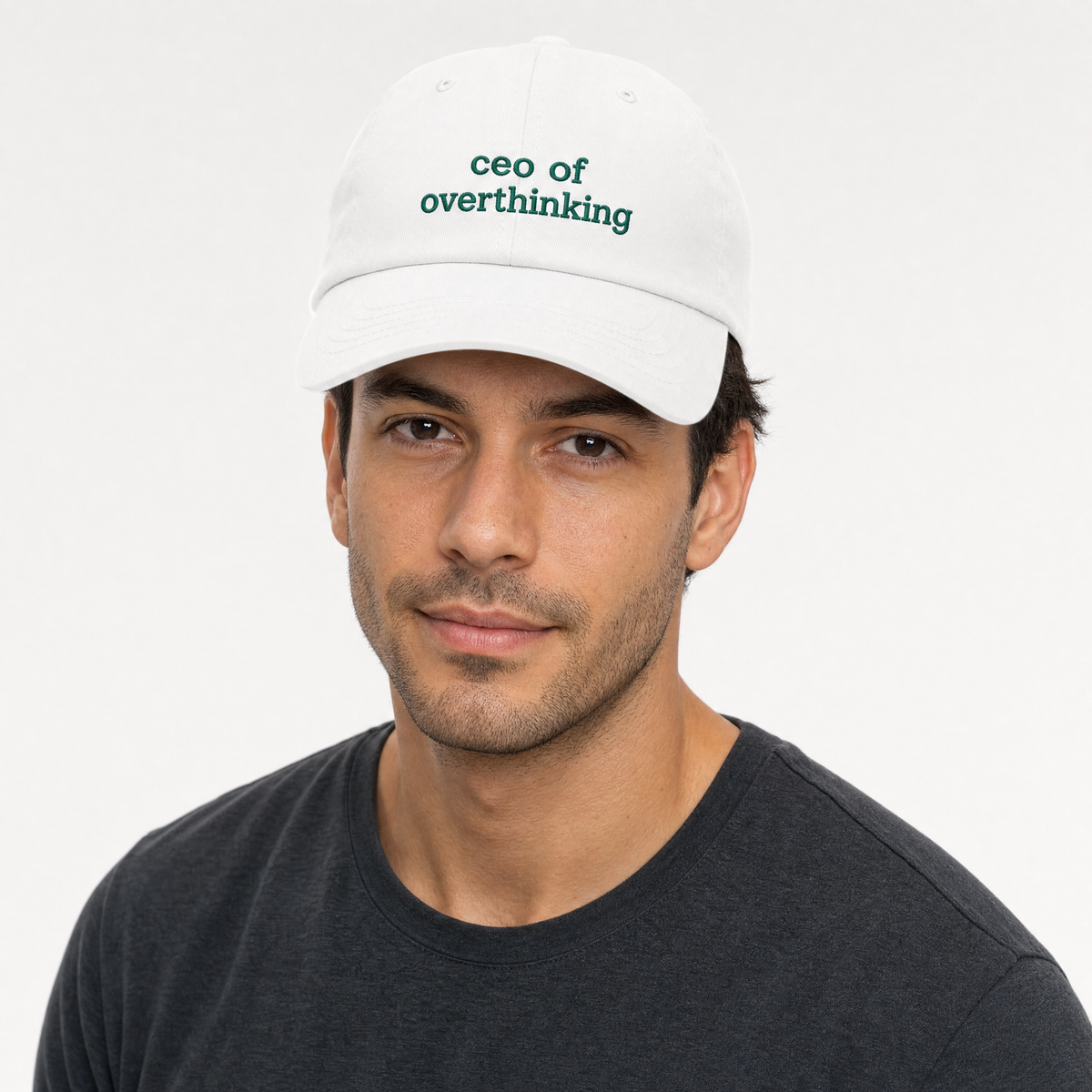Ceo of overthinking cap worn on a model — AI-generated visualization