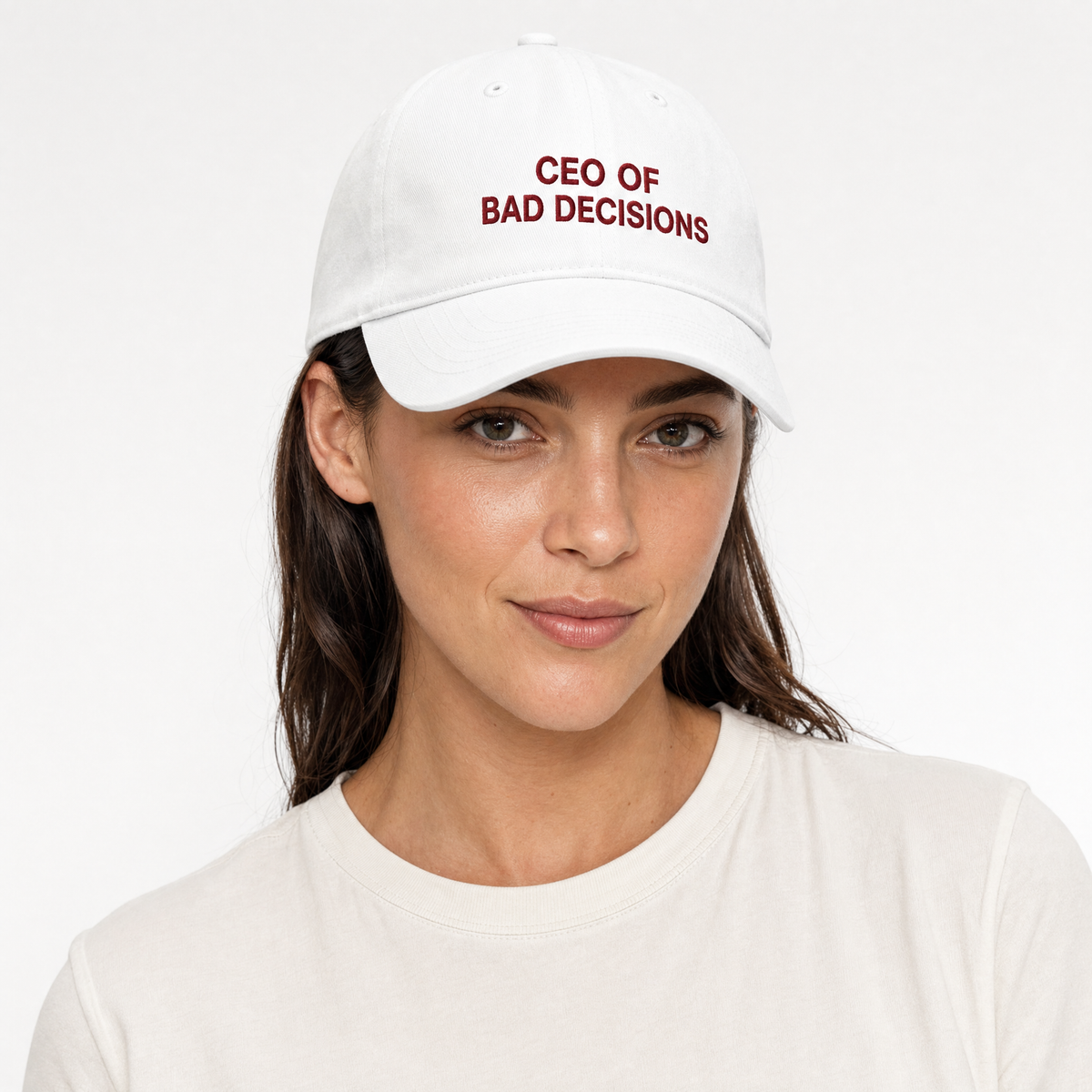 Ceo of bad decisions cap worn on a model — AI-generated visualization